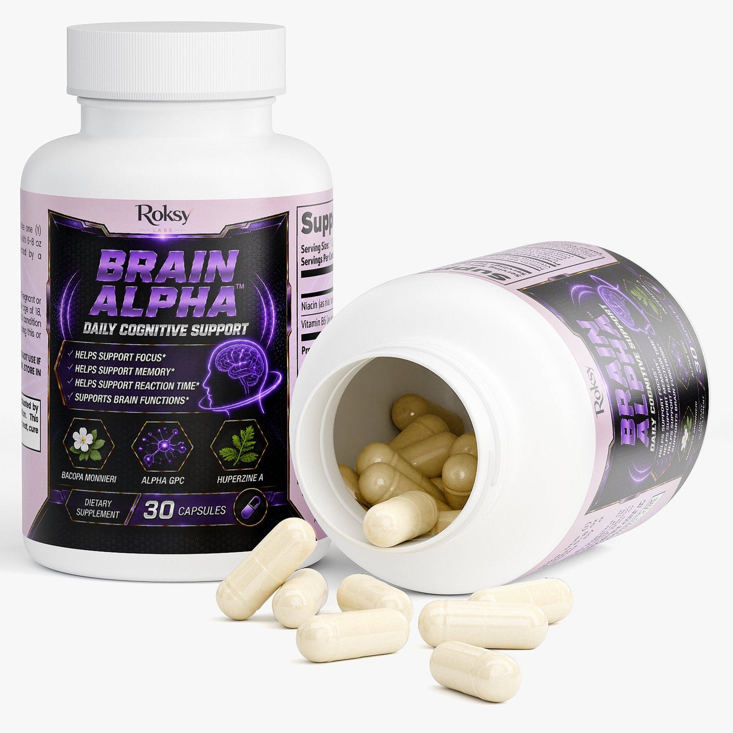 Roksy Brain Alpha Daily Cognitive Support 30 capsules brain health supplement for focus and reaction time