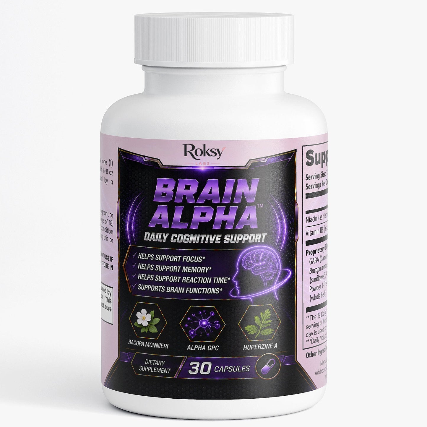 Roksy Brain Alpha brain health supplement in a 30-capsule bottle for daily cognitive support