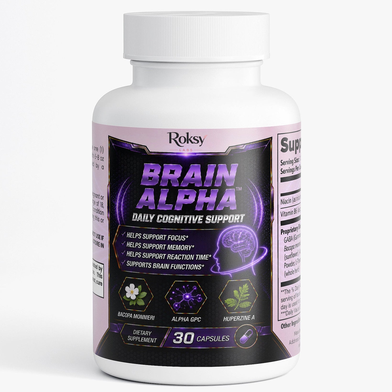 Roksy Brain Alpha brain health supplement in a 30-capsule bottle for daily cognitive support