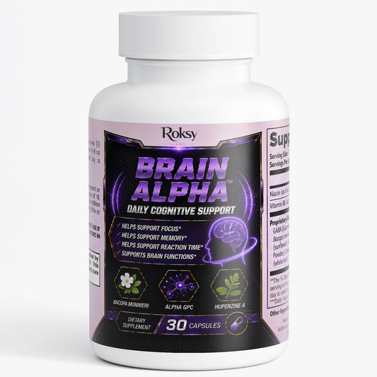 Roksy Brain Alpha brain health supplement in a 30-capsule bottle for daily cognitive support