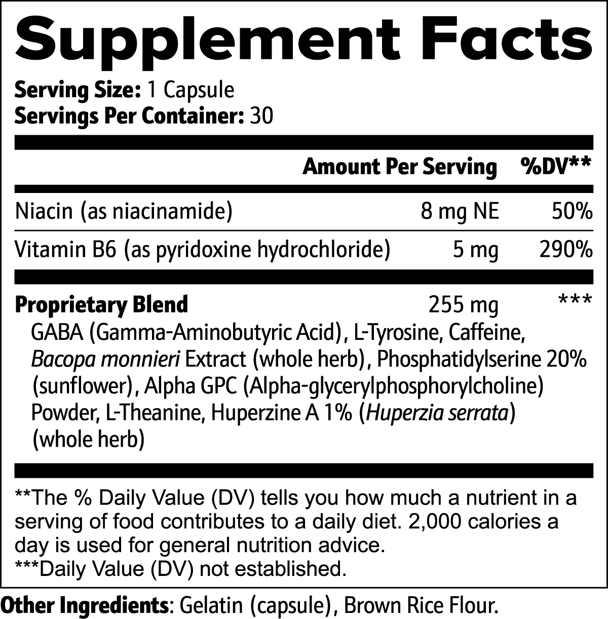 Roksy brain health supplement capsules with GABA, caffeine, and Bacopa for cognitive support, 30 servings