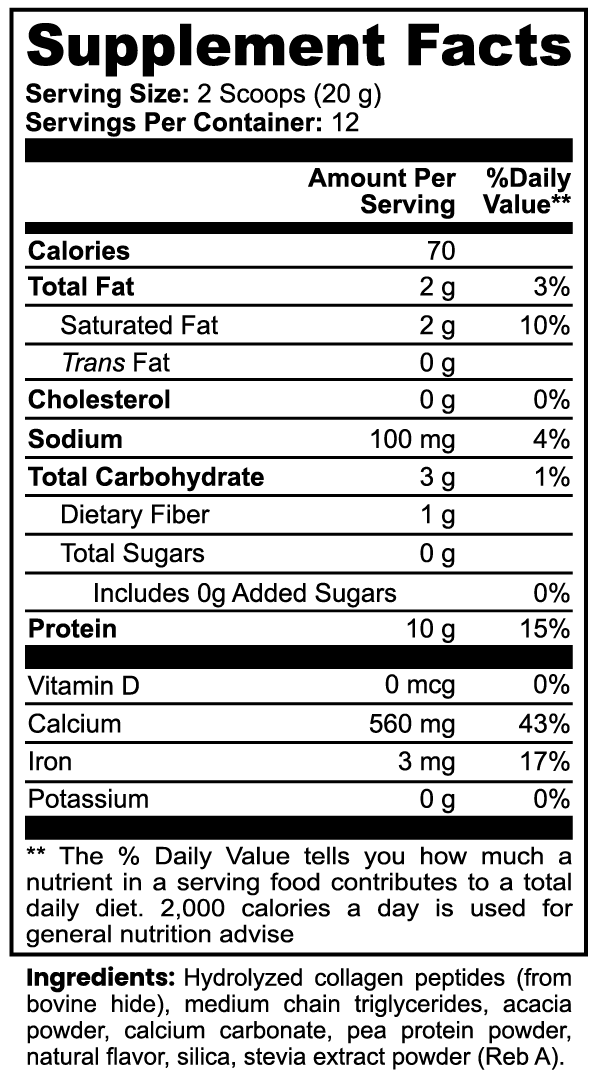 Roksy collagen grass fed peptides supplement facts label with nutritional information and serving size details