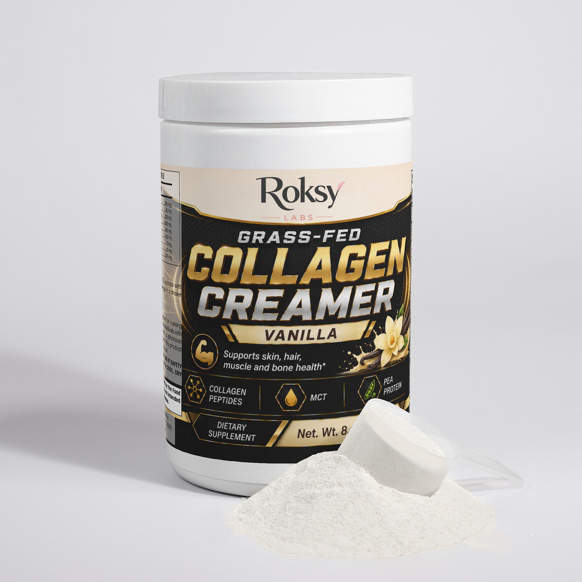 ROKSY Grass-Fed Collagen Creamer Vanilla 8oz powder supports skin hair muscle and bone health with collagen peptides