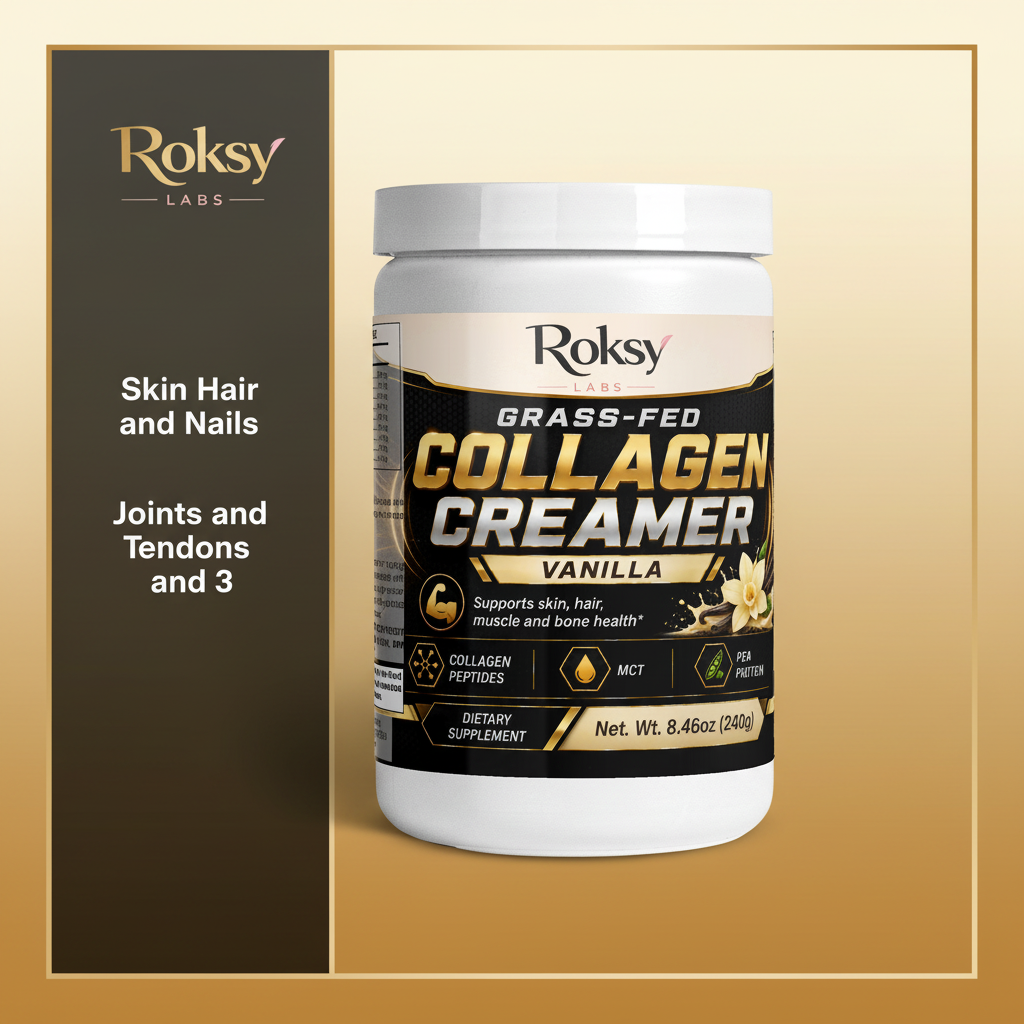 Roksy Collagen Creamer in Vanilla flavor, 8.46oz for skin, hair, and nail health with collagen peptides