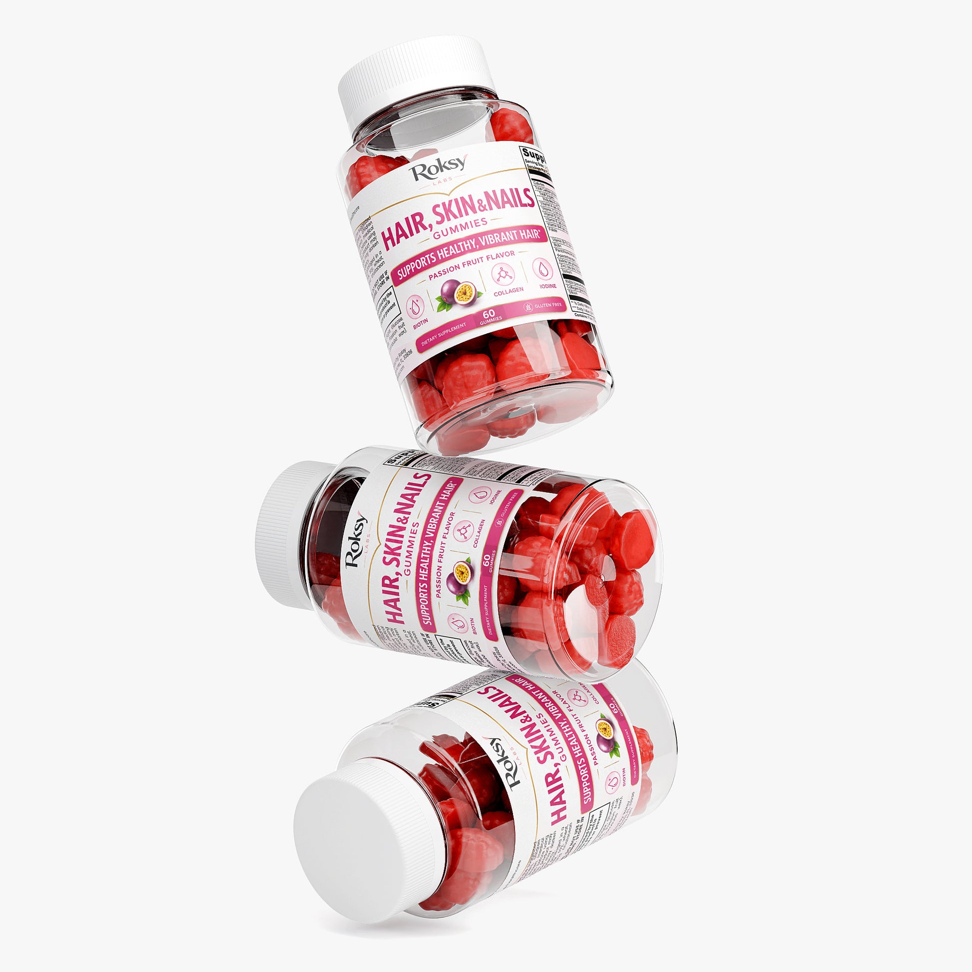 Roksy Hair, Skin & Nails Gummies in 60 count bottles promoting collagen supplements for skin health