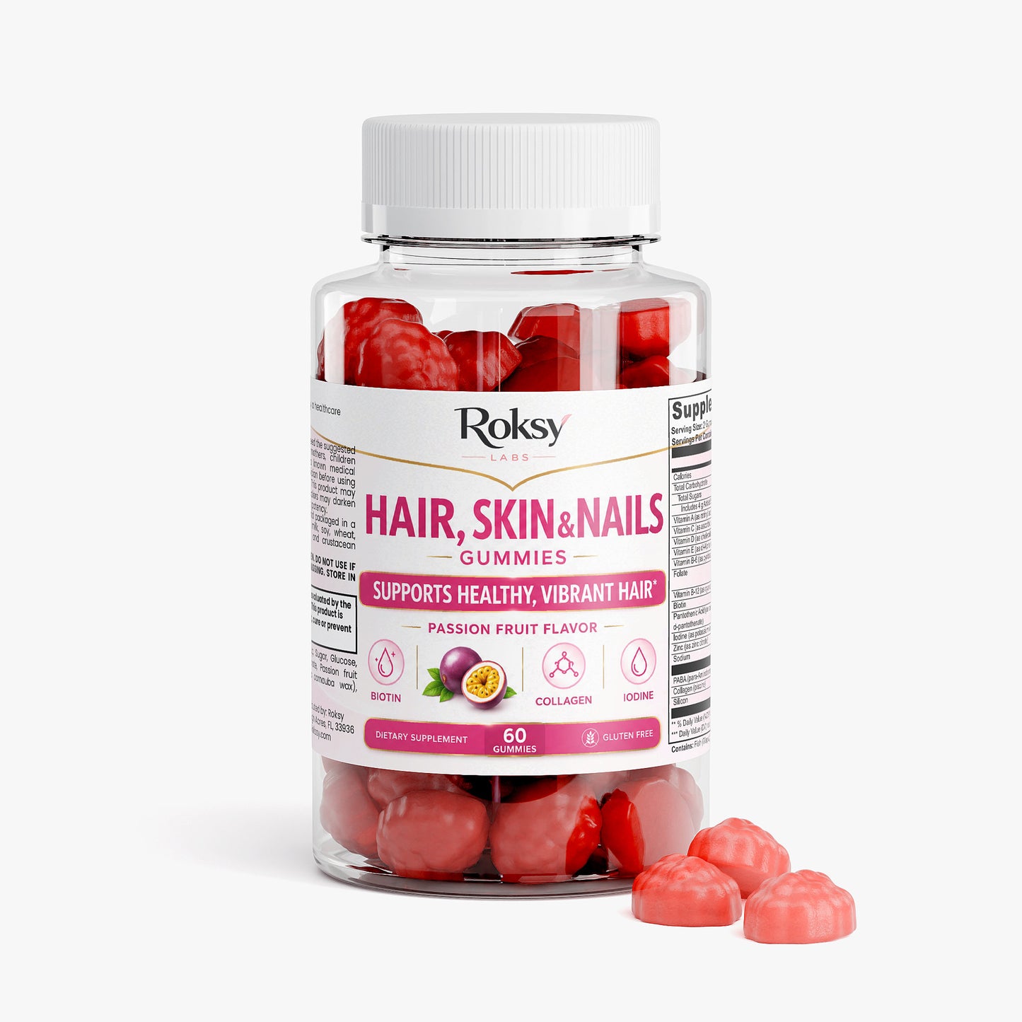 Roksy Hair, Skin & Nails Gummies in Passion Fruit Flavor with Collagen Supplements for Skin Health, 60 count