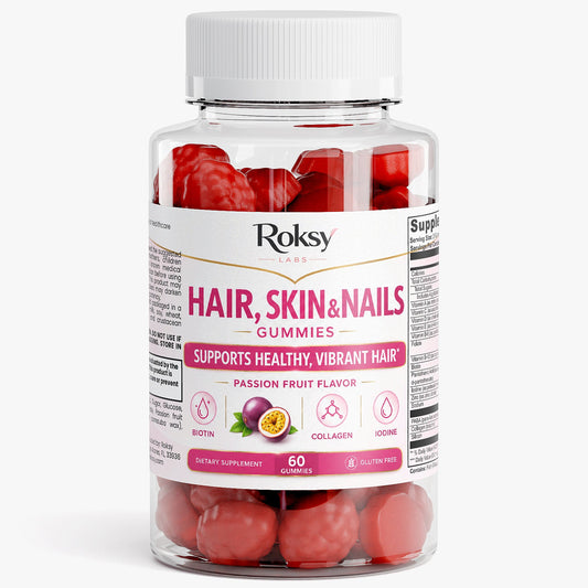 Roksy Hair, Skin & Nails Gummies in Passion Fruit flavor, 60 gummies, supports collagen supplements for skin health