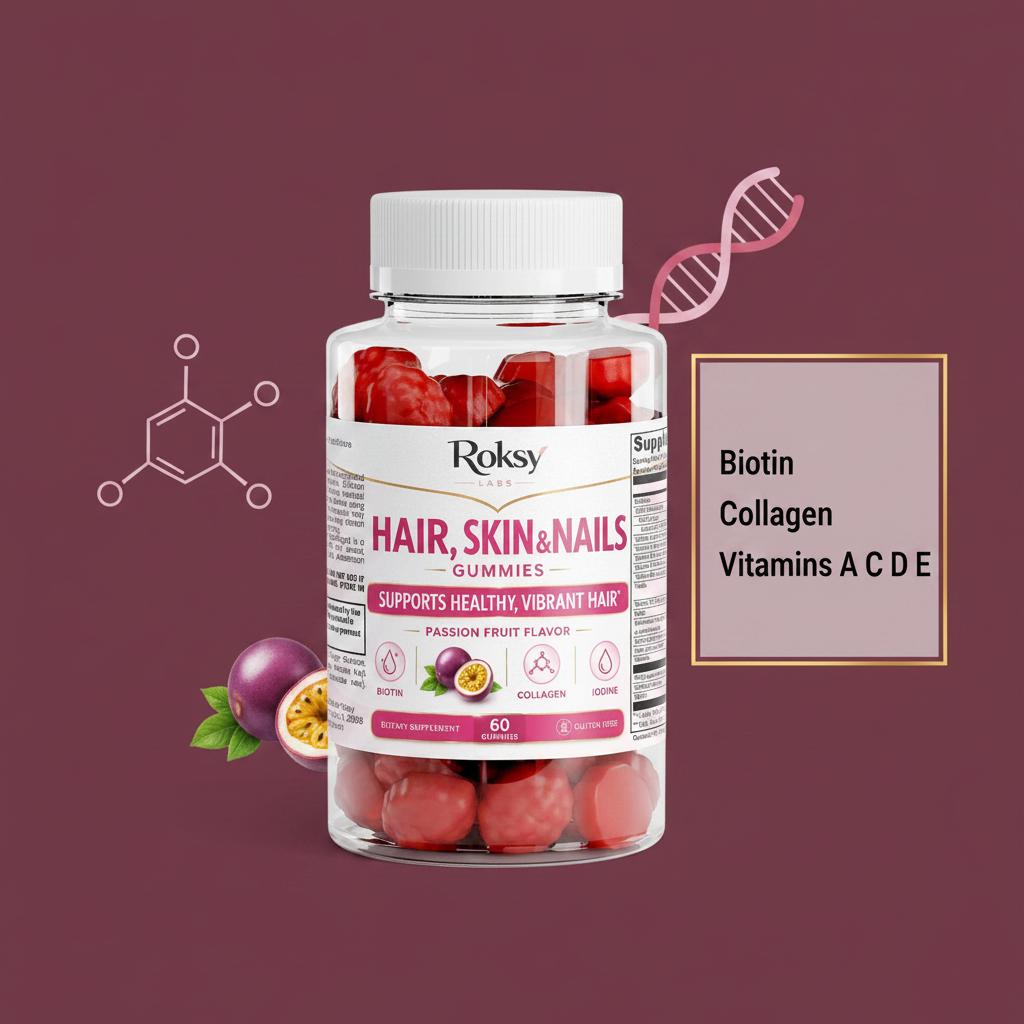 Roksy Hair, Skin & Nails Gummies with Collagen Supplements for Skin Health in Passion Fruit Flavor, 60 count