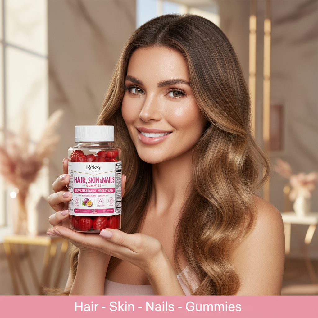Roksy Hair Skin Nails Gummies in a 120-count bottle for collagen supplements for skin health