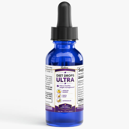 Roksy Diet Drops Ultra in a blue bottle for weight management as a diet supplement