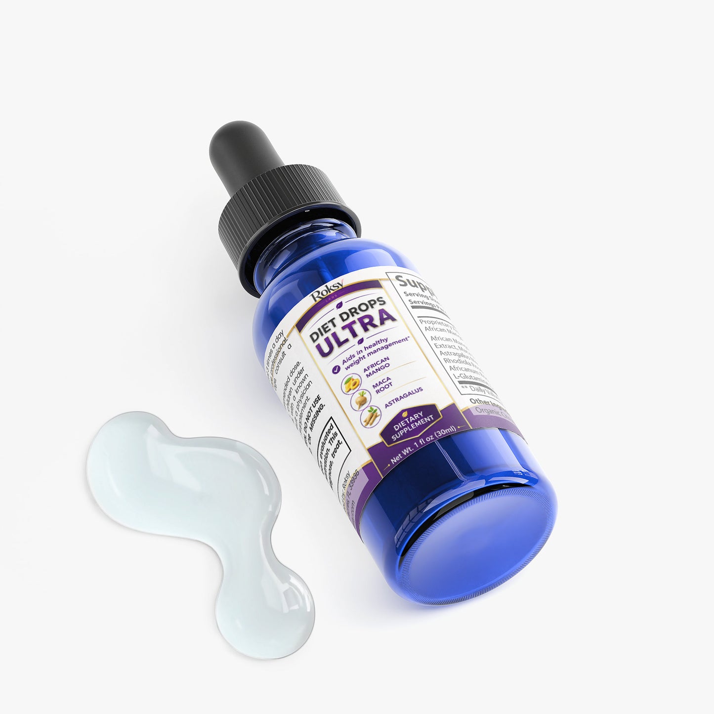 Roksy diet supplement in blue glass dropper bottle with clear liquid drops for weight management