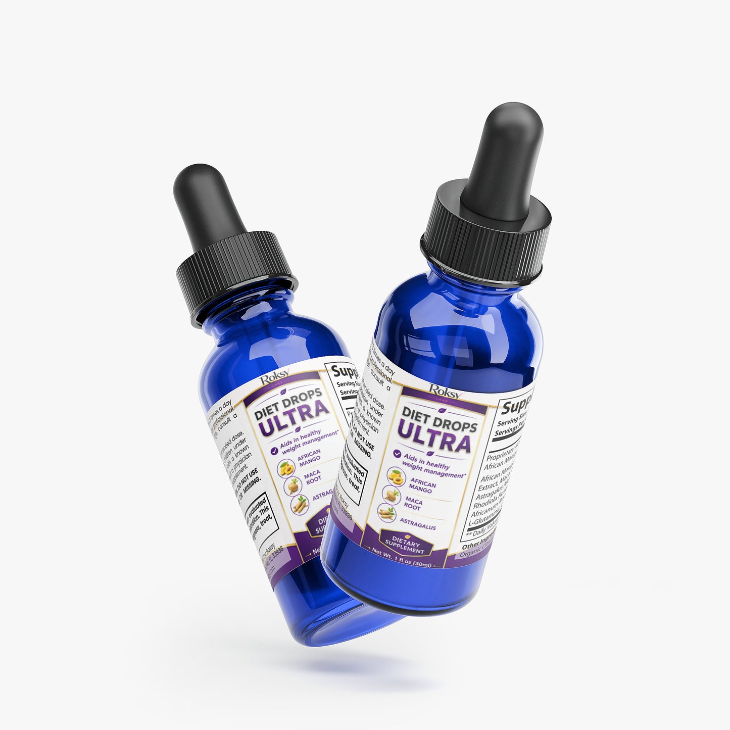 Roksy Diet Drops Ultra in blue bottles for effective weight management as a diet supplement