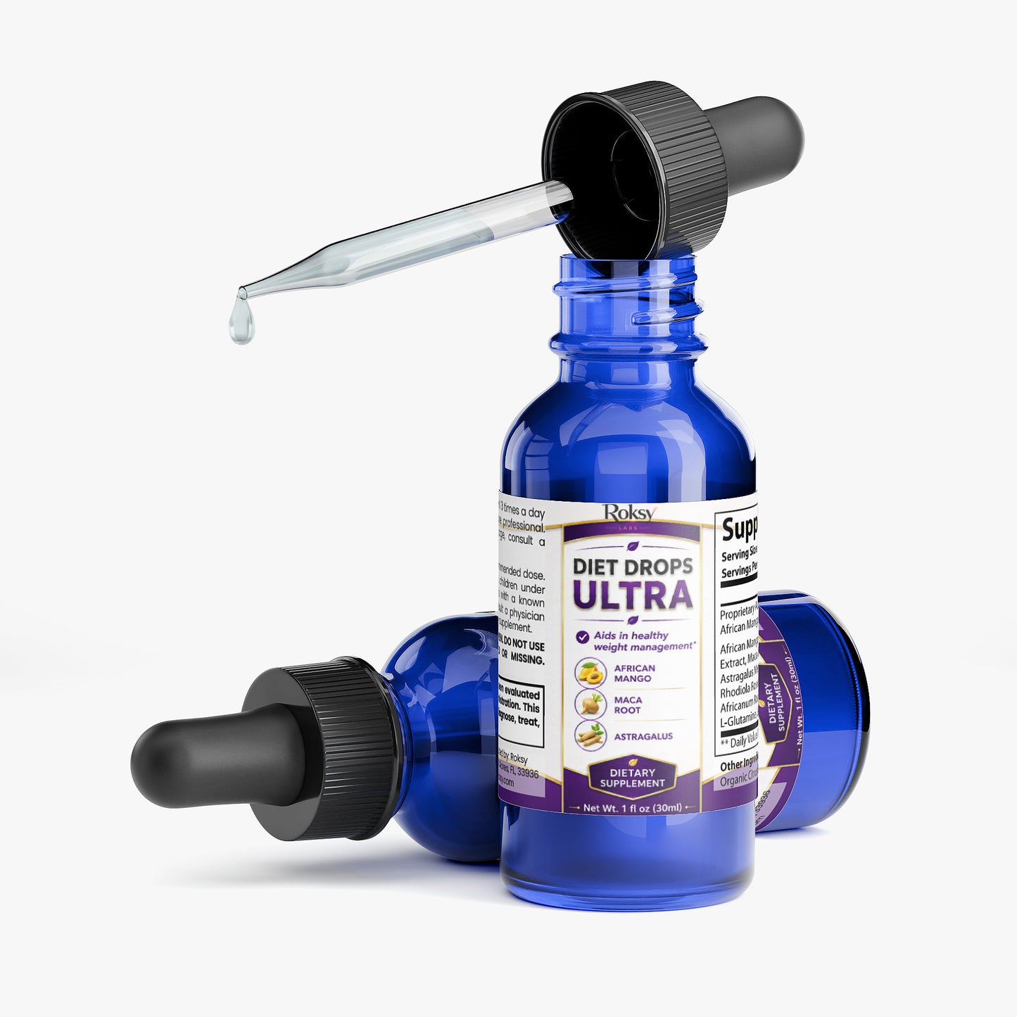 Roksy Diet Drops Ultra in a blue bottle with dropper showcasing a diet supplement for weight management