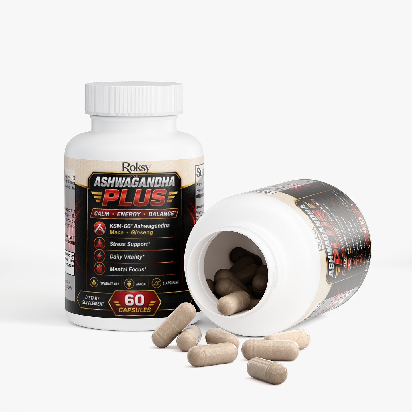 Roksy Ashwagandha Plus Dietary Supplement for Energy with 60 Capsules for Calm and Mental Focus