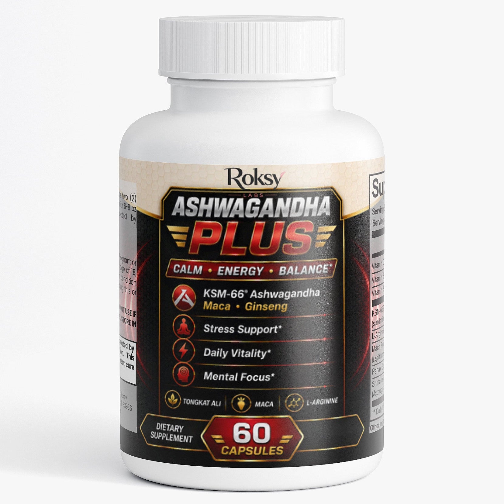 Roksy Ashwagandha Plus dietary supplement for energy with KSM-66, maca, and ginseng in 60 capsules