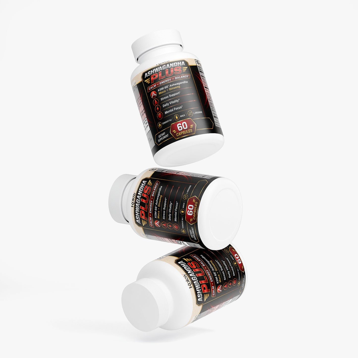 Roksy Ashwagandha Plus dietary supplement for energy in a stack of three bottles with 60 capsules each