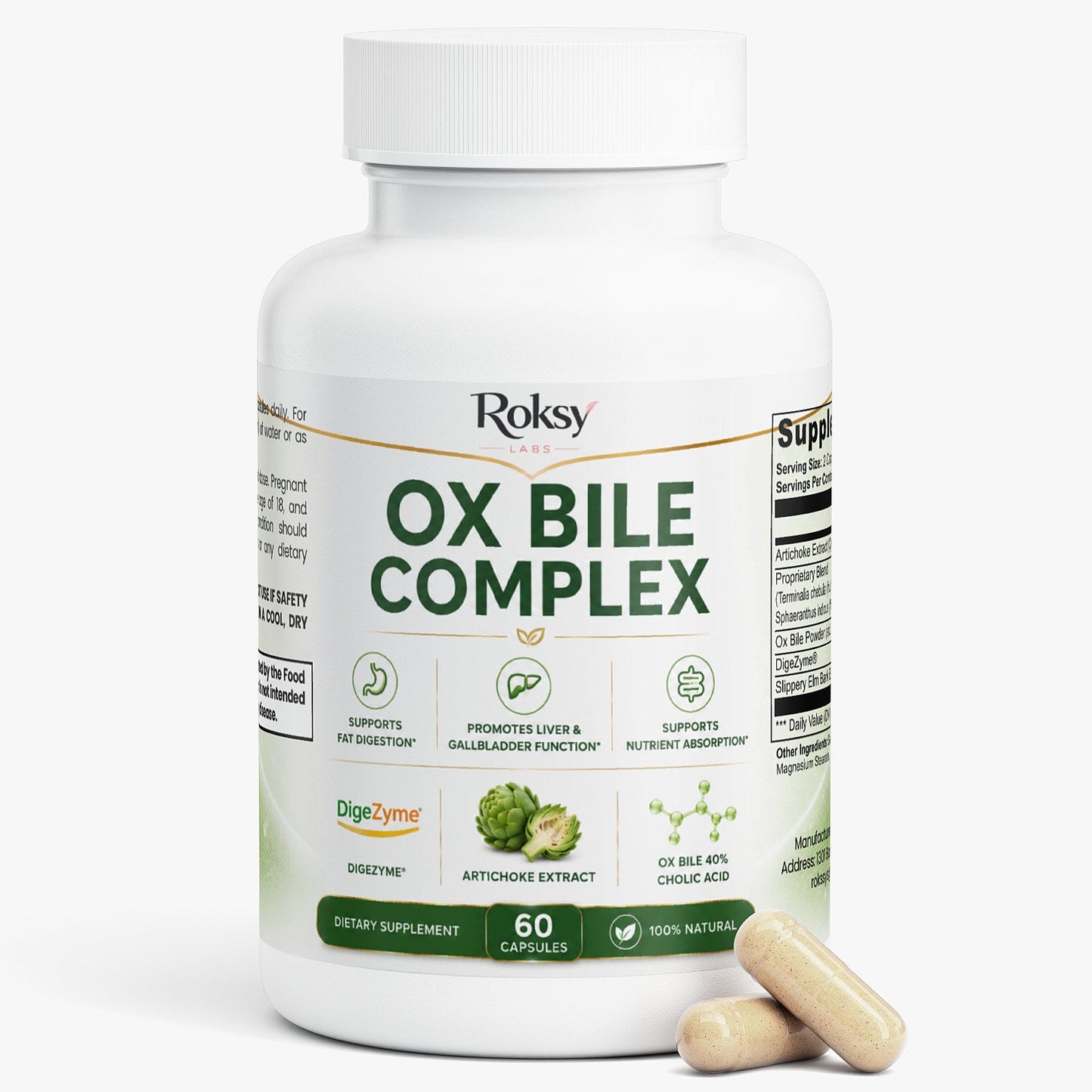 Roksy Ox Bile Complex dietary supplement with 60 capsules for digestive support and digest digestive enzymes