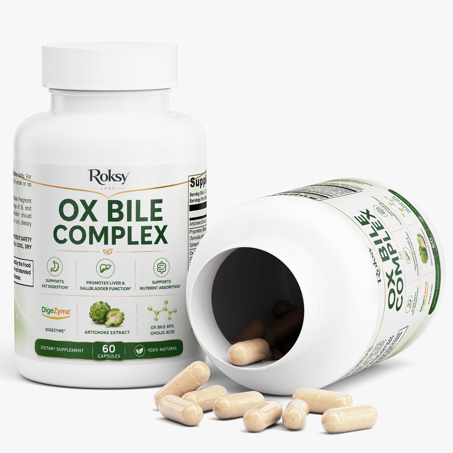 Roksy Ox Bile Complex capsules, 60 count, for digestive support with digestive enzymes