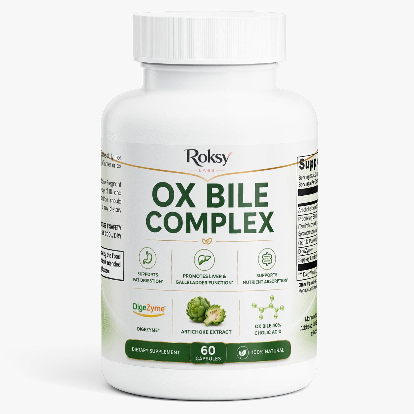 Roksy Ox Bile Complex 60 capsules for digestive support with digest digestive enzymes and artichoke extract