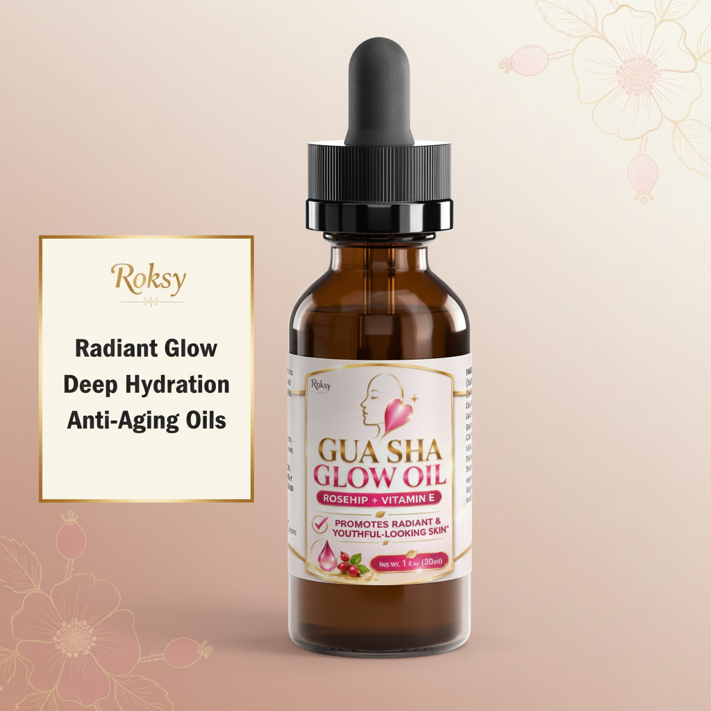 Roksy Gua Sha Glow Oil in a 1 fl oz bottle, promoting radiant skin with rosehip and vitamin E, ideal for facial oils for gua sha