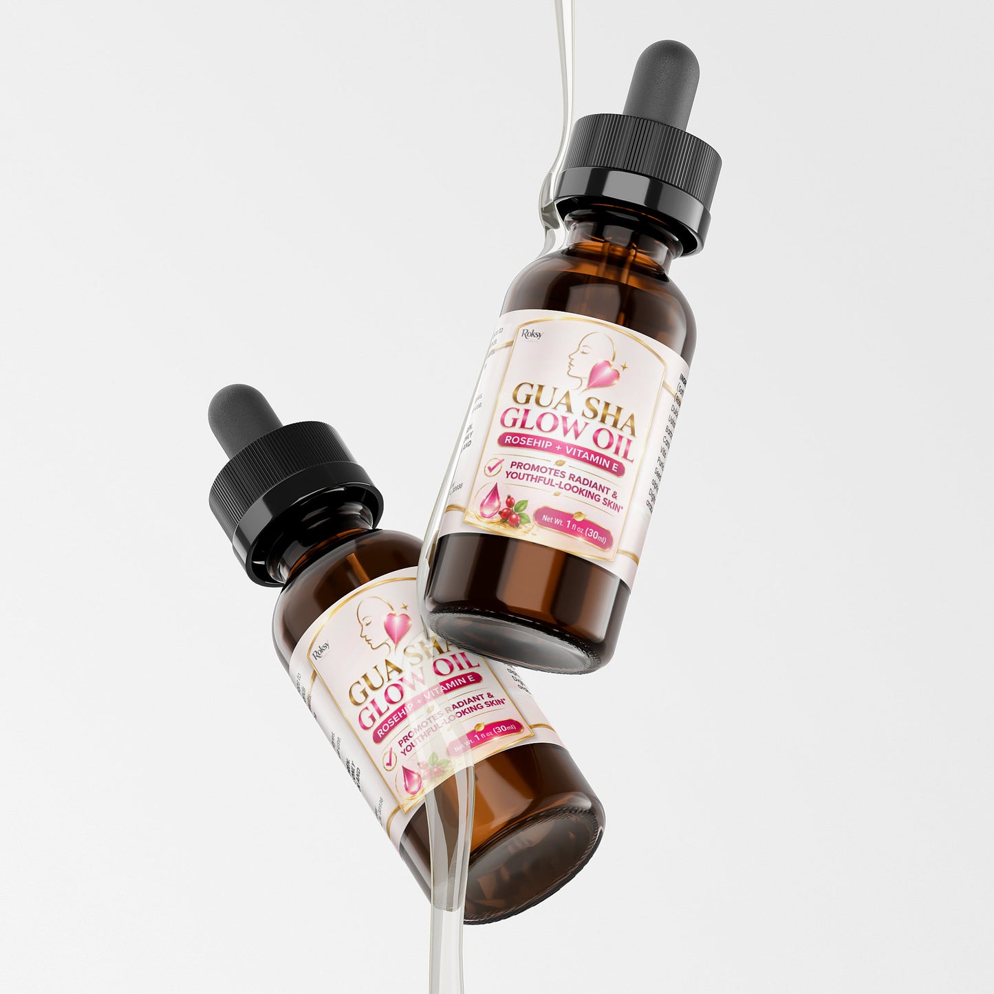 Roksy Gua Sha Glow Oil 1 oz facial oil for gua sha with hydrating ingredients in a dropper bottle