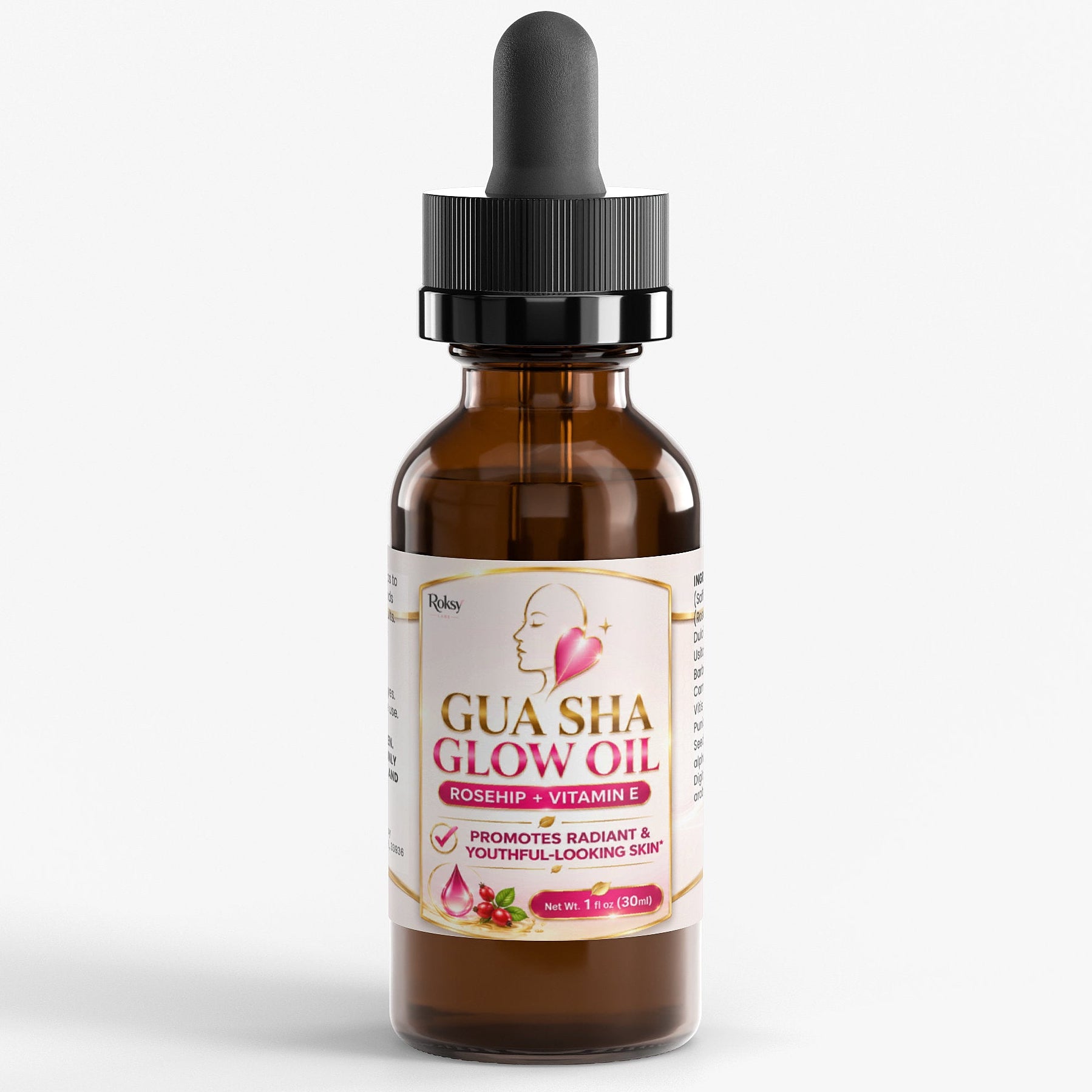 Roksy Gua Sha Glow Oil in a 1 fl oz bottle, infused with rosehip and vitamin E for facial oils for gua sha