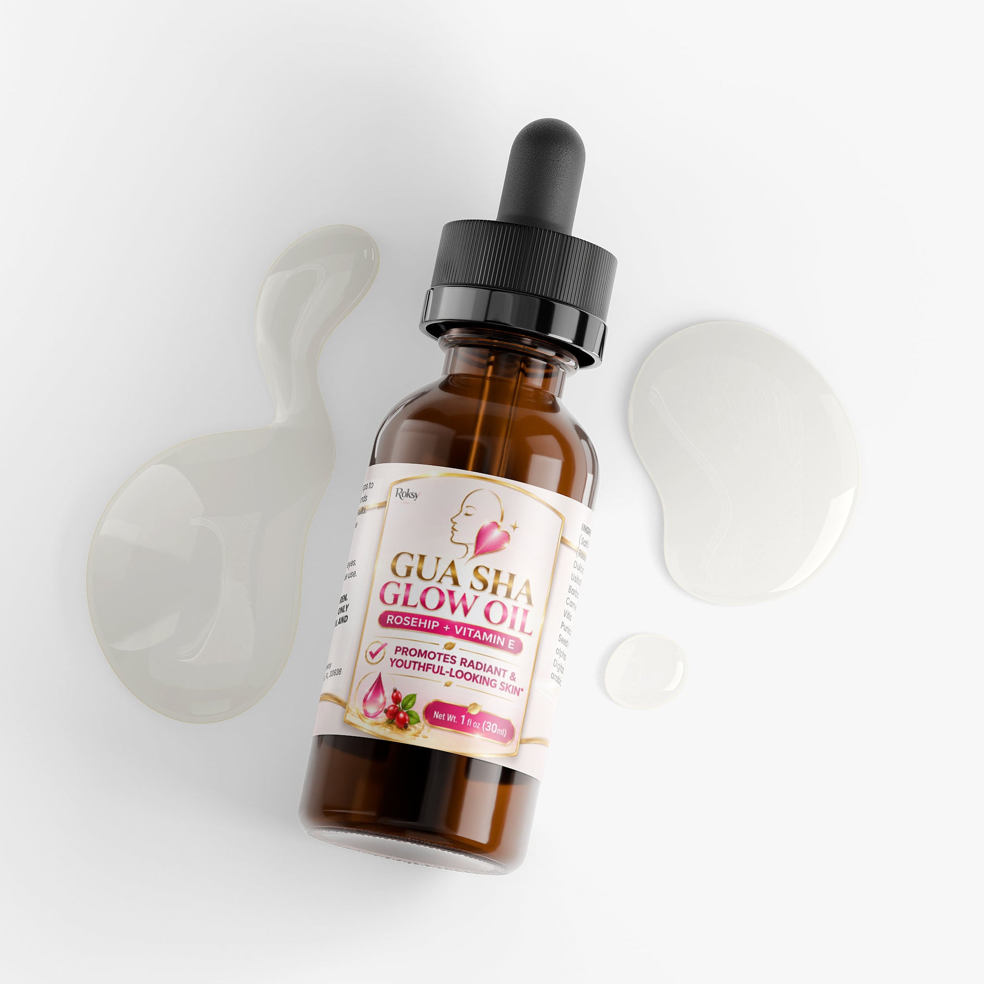 Roksy Gua Sha Glow Oil in 1oz bottle with Vitamin E for facial oils for gua sha application