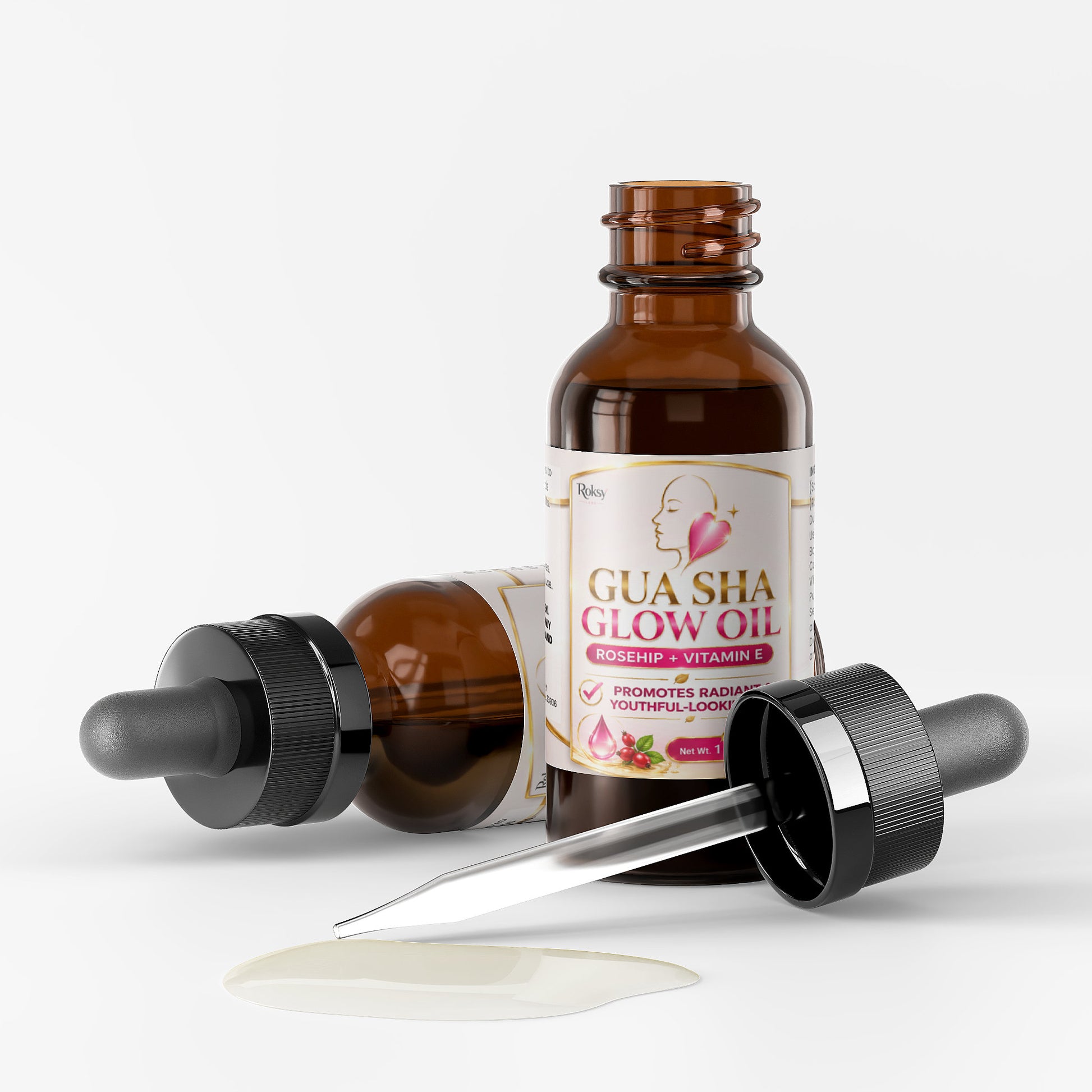 Roksy Gua Sha Glow Oil with Rosehip and Vitamin E for facial oils for gua sha, promotes radiant skin.