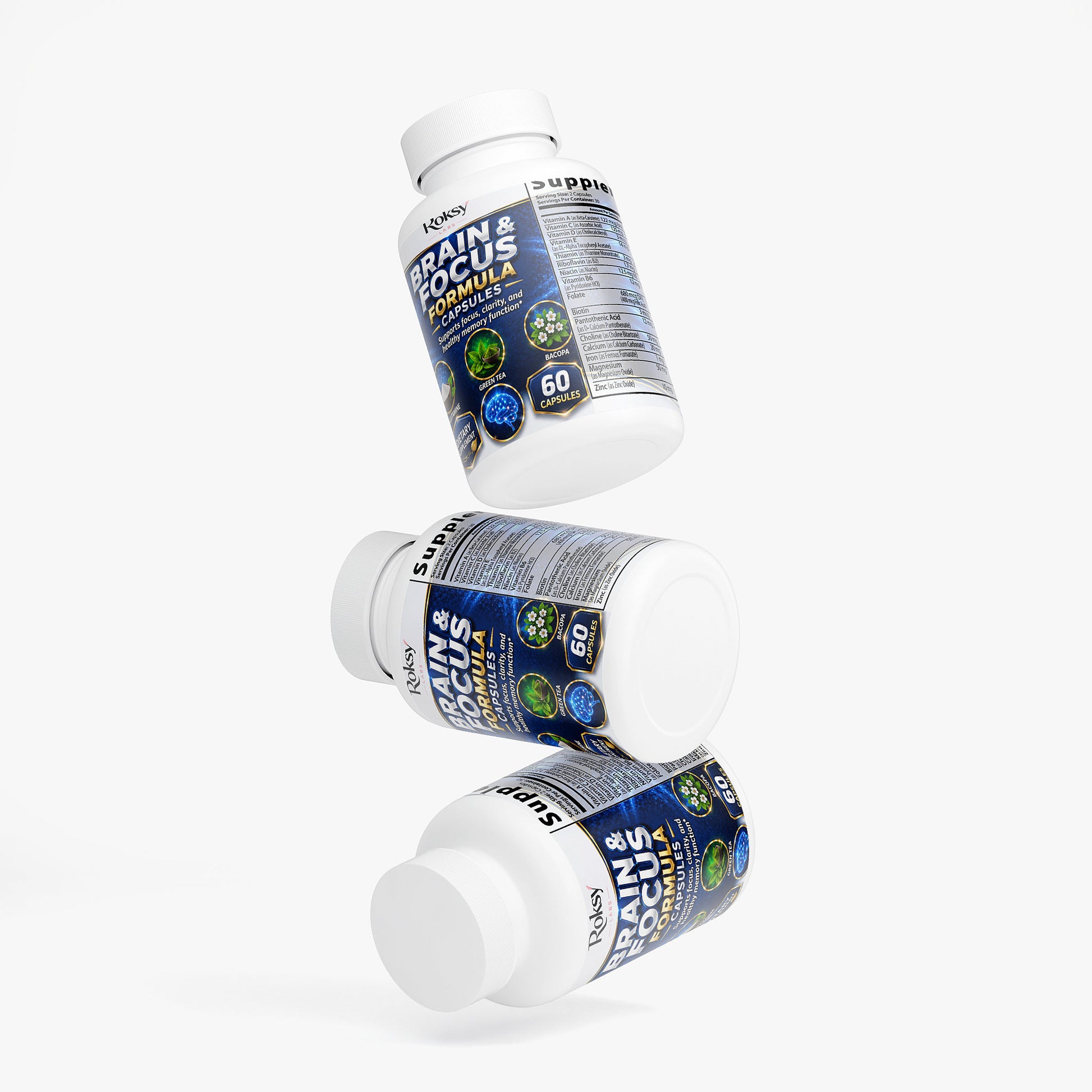 Roksy Focus Formula Brain Enhancement Supplement in 60-capsule bottles for improved cognitive focus