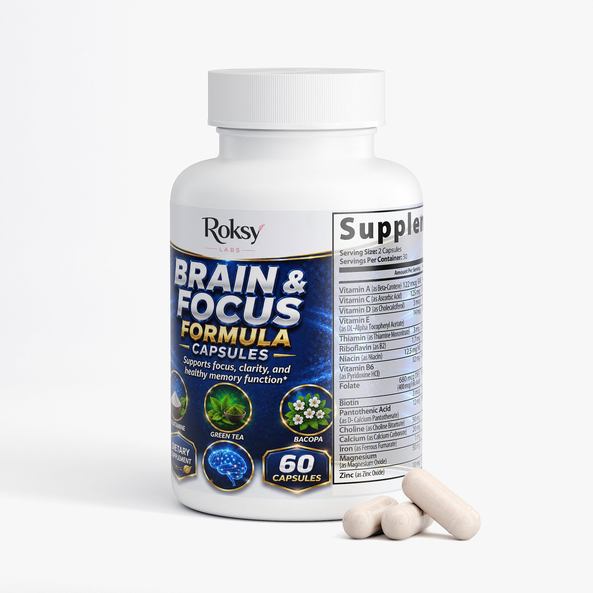 Roksy focus formula brain enhancement supplement in 60 capsules for clarity and memory support