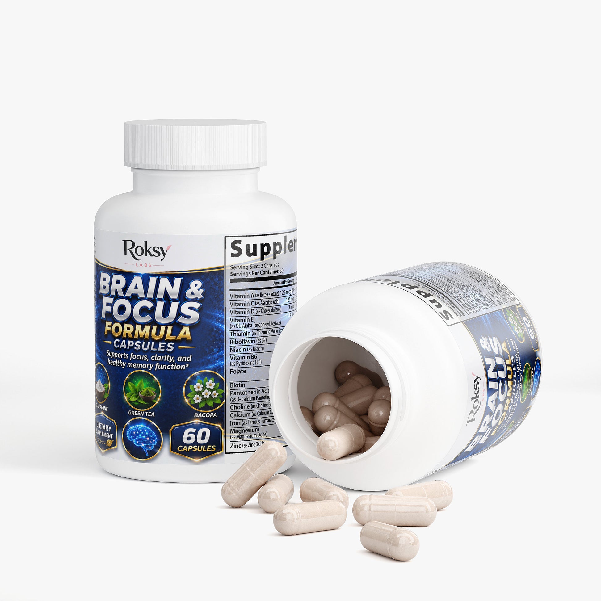 Roksy Focus Formula brain enhancement supplement in 60 capsules to support focus and clarity