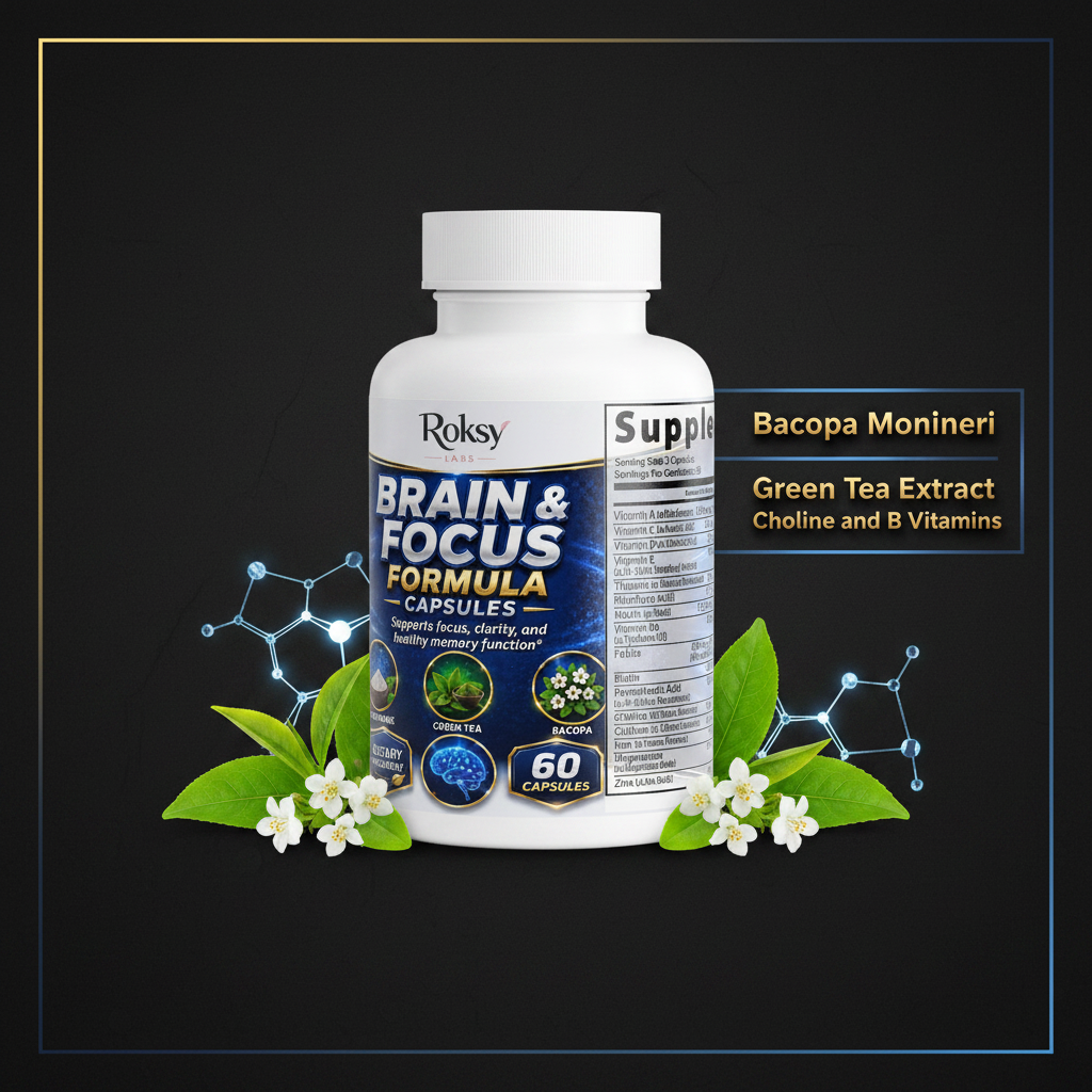 Roksy Focus Formula brain enhancement supplement capsules 60 count for improved focus and cognition