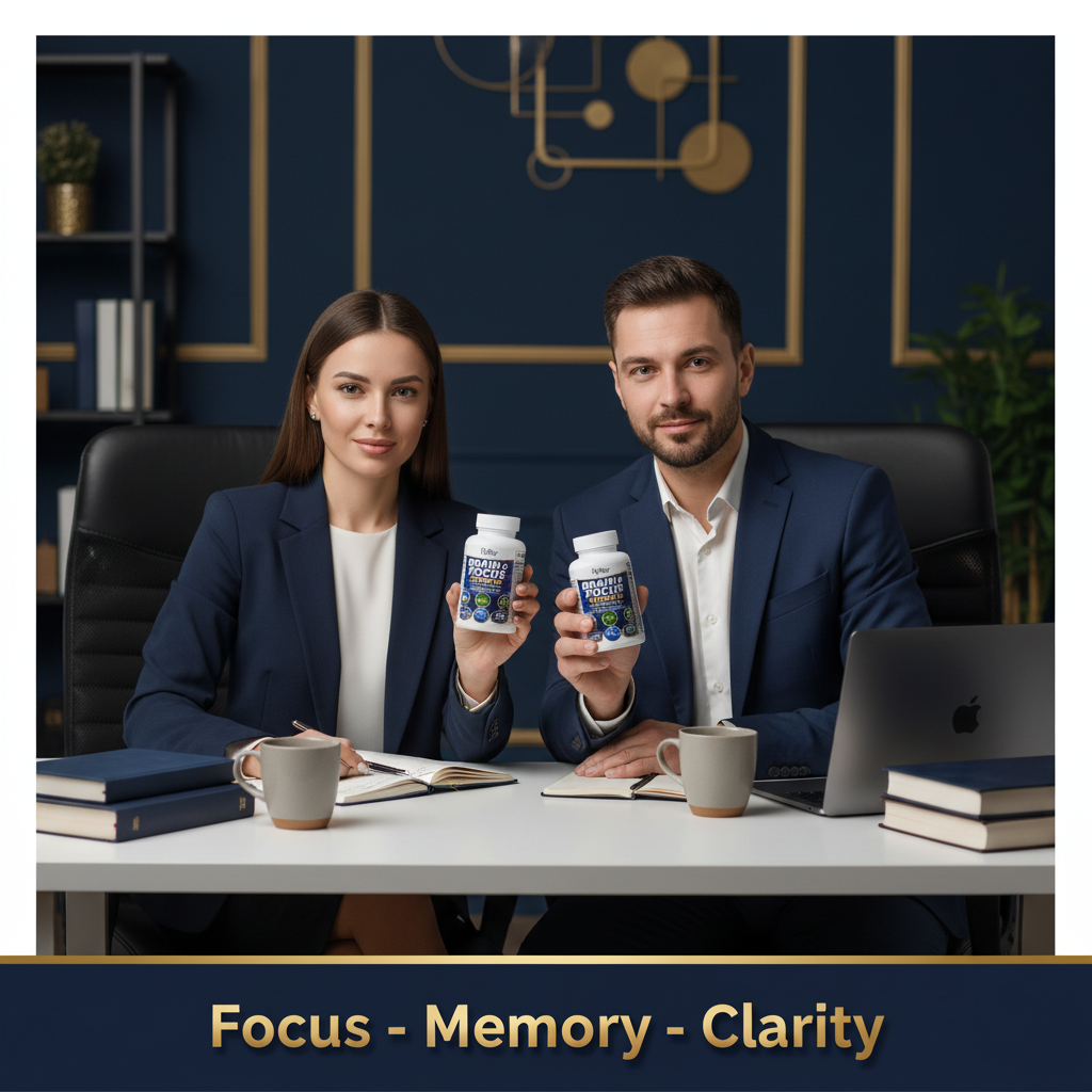 Roksy Focus Formula brain enhancement supplement bottles for improved focus and memory in a professional setting