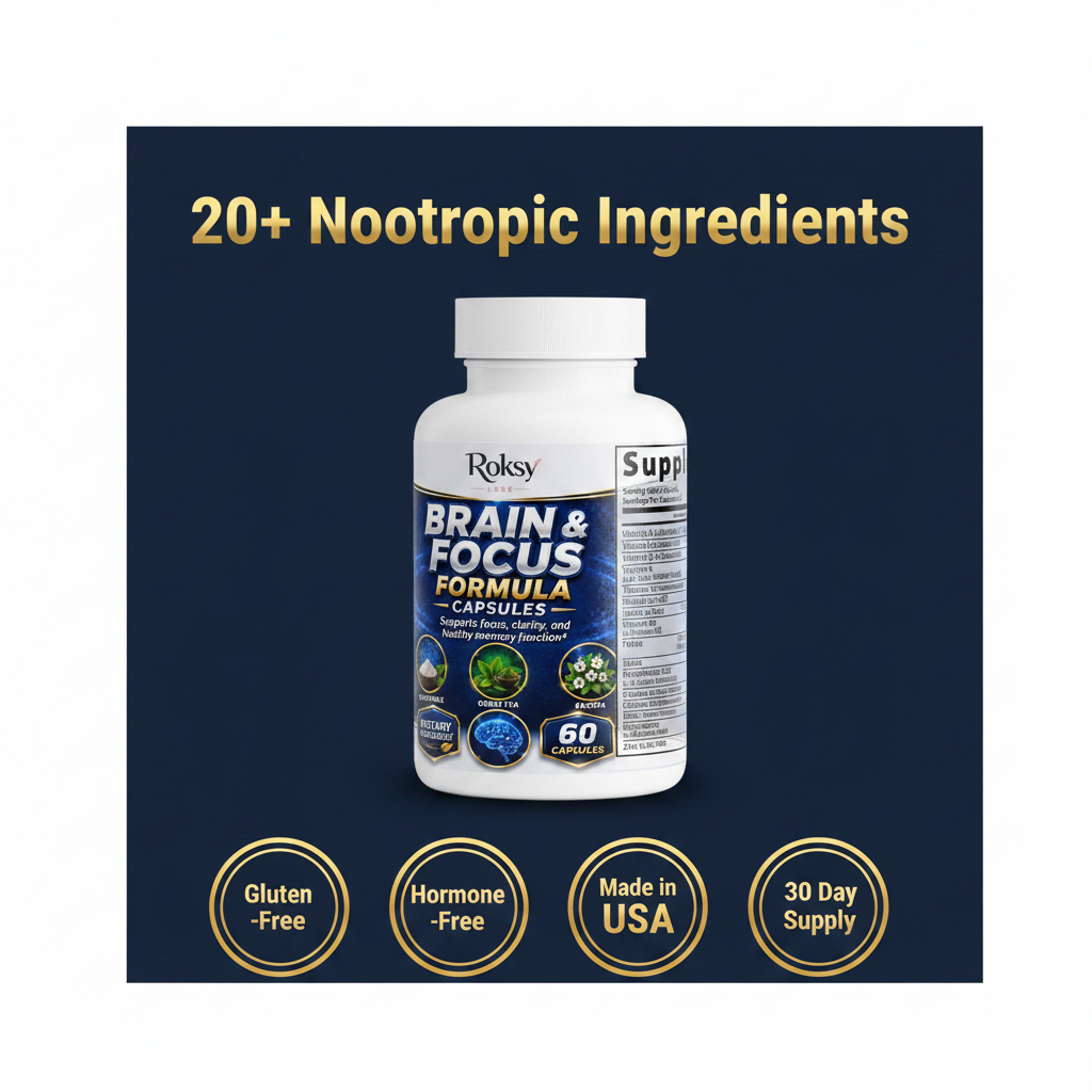 Roksy Focus Formula Brain Enhancement Supplement Capsules with 60 count for improved cognitive function