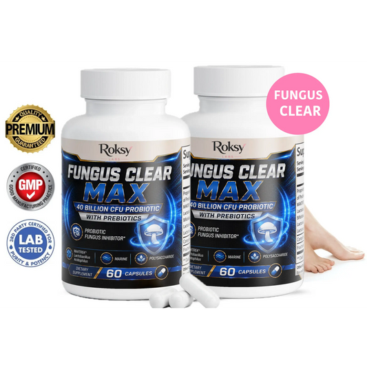 Roksy Fungus Clear Max 60 capsules, a 40 billion CFU probiotic with prebiotics for digestive support