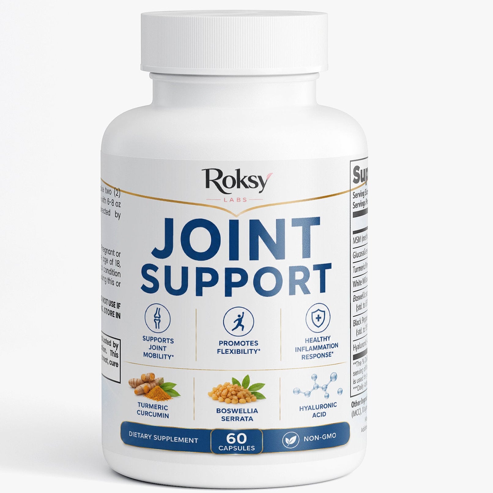 Roksy Joint Support capsules with glucosamine for promoting joint mobility and flexibility, 60 count.
