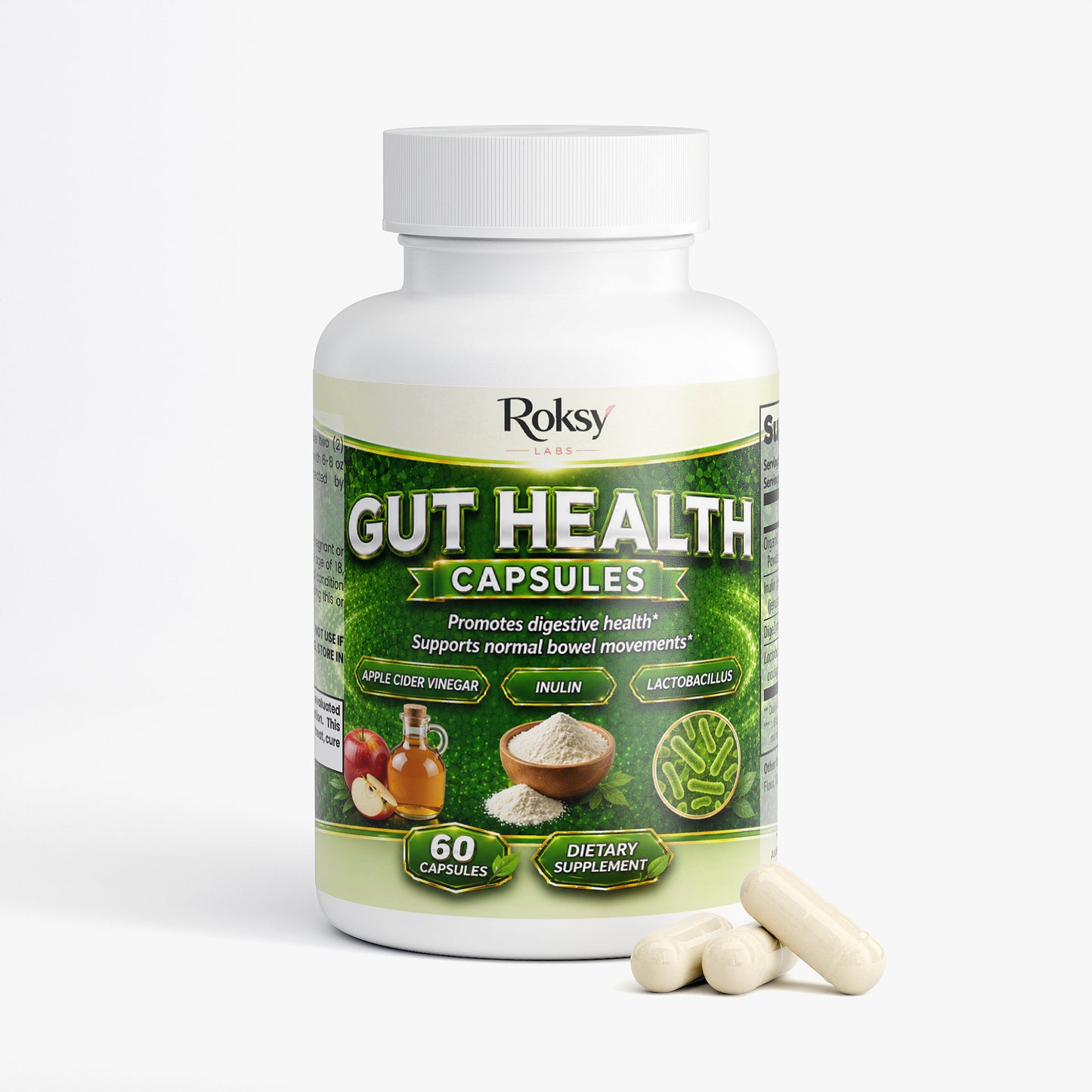 Roksy Gut Health Capsules for digestive support with apple cider vinegar and probiotics, 60 count