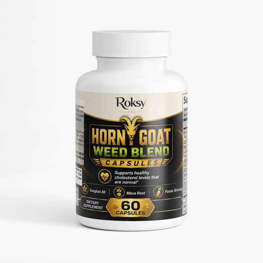 Roksy Horny Goat Weed Blend capsules in a white bottle with 60 capsules for sexual wellness support