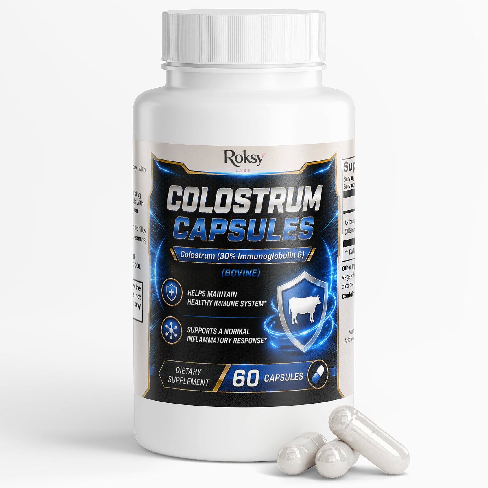 Roksy Colostrum Capsules dietary supplement supports healthy immune system in 60 count bottle