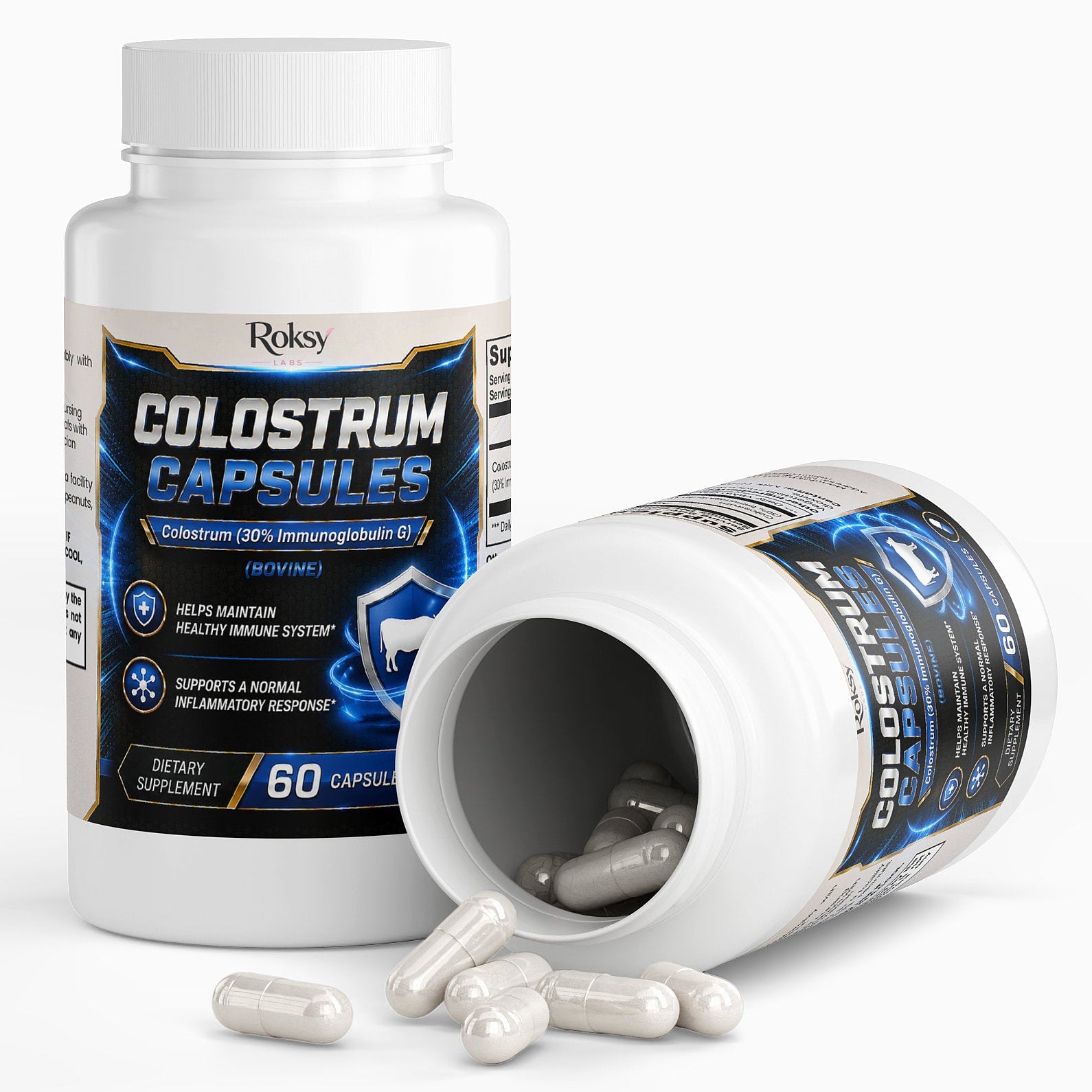 Roksy Colostrum Capsules dietary supplement for immune support with 60 capsules to maintain a healthy immune system