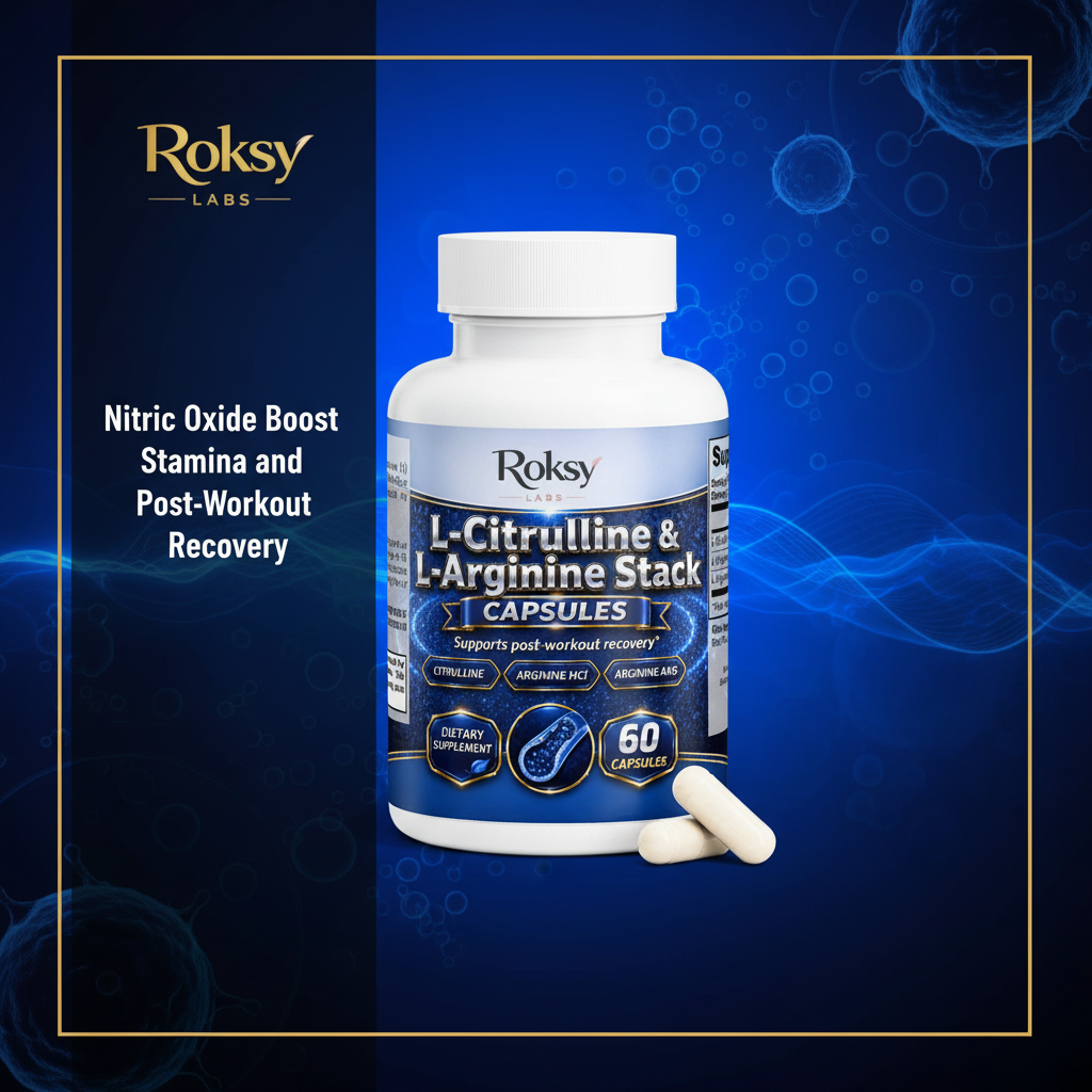 Roksy L-Citrulline & Arginine Stack capsules 60 count for post-workout recovery and nitric oxide boost