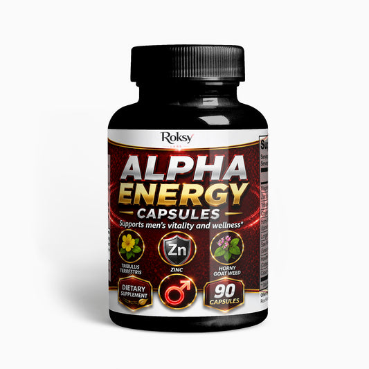 Roksy Alpha Energy Capsules for men’s vitality and wellness, a libido supplement with natural ingredients