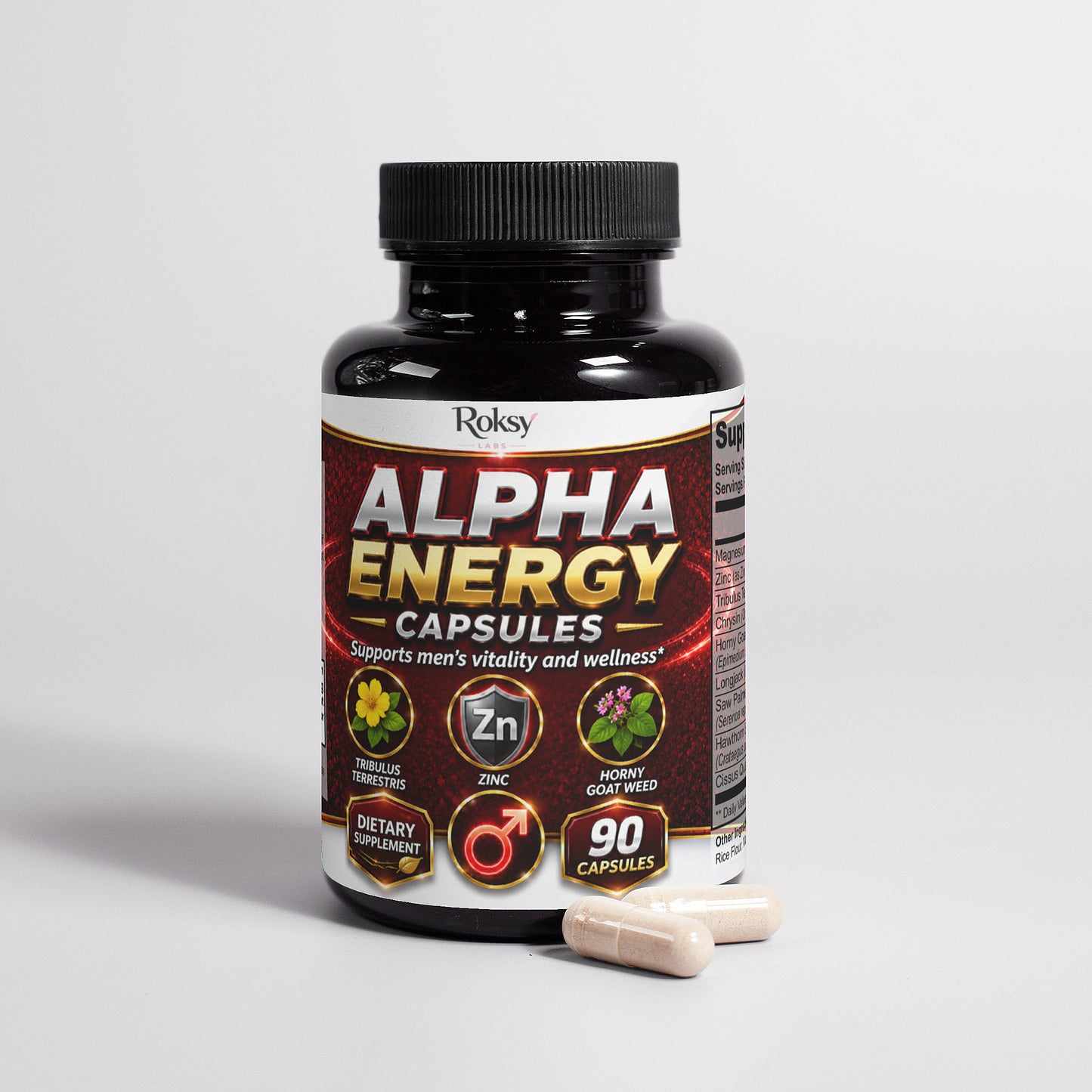 Roksy Alpha Energy Capsules, a libido supplement for men's vitality and wellness, in a 90-capsule bottle