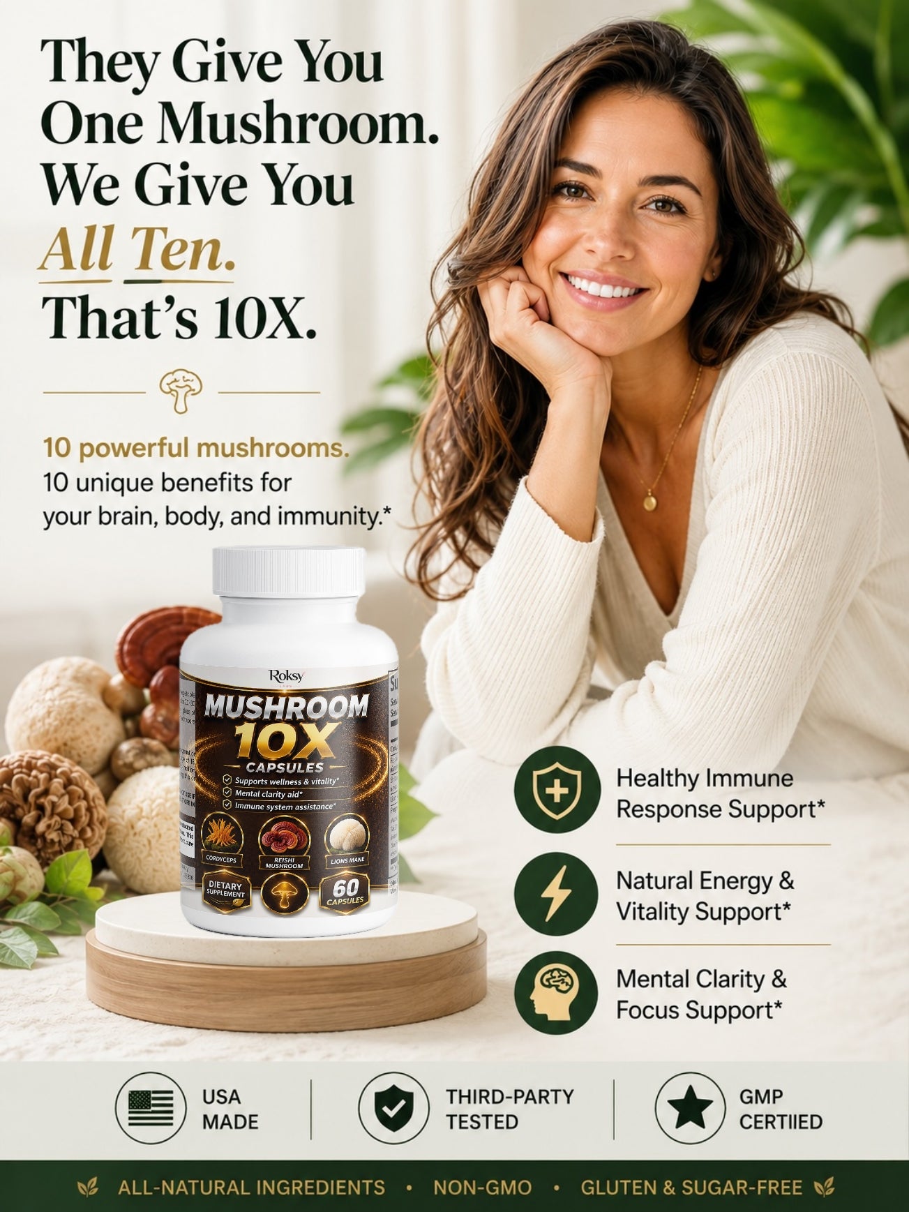 Roksy Mushroom 10X Capsules with Lion's Mane for brain health and immune support