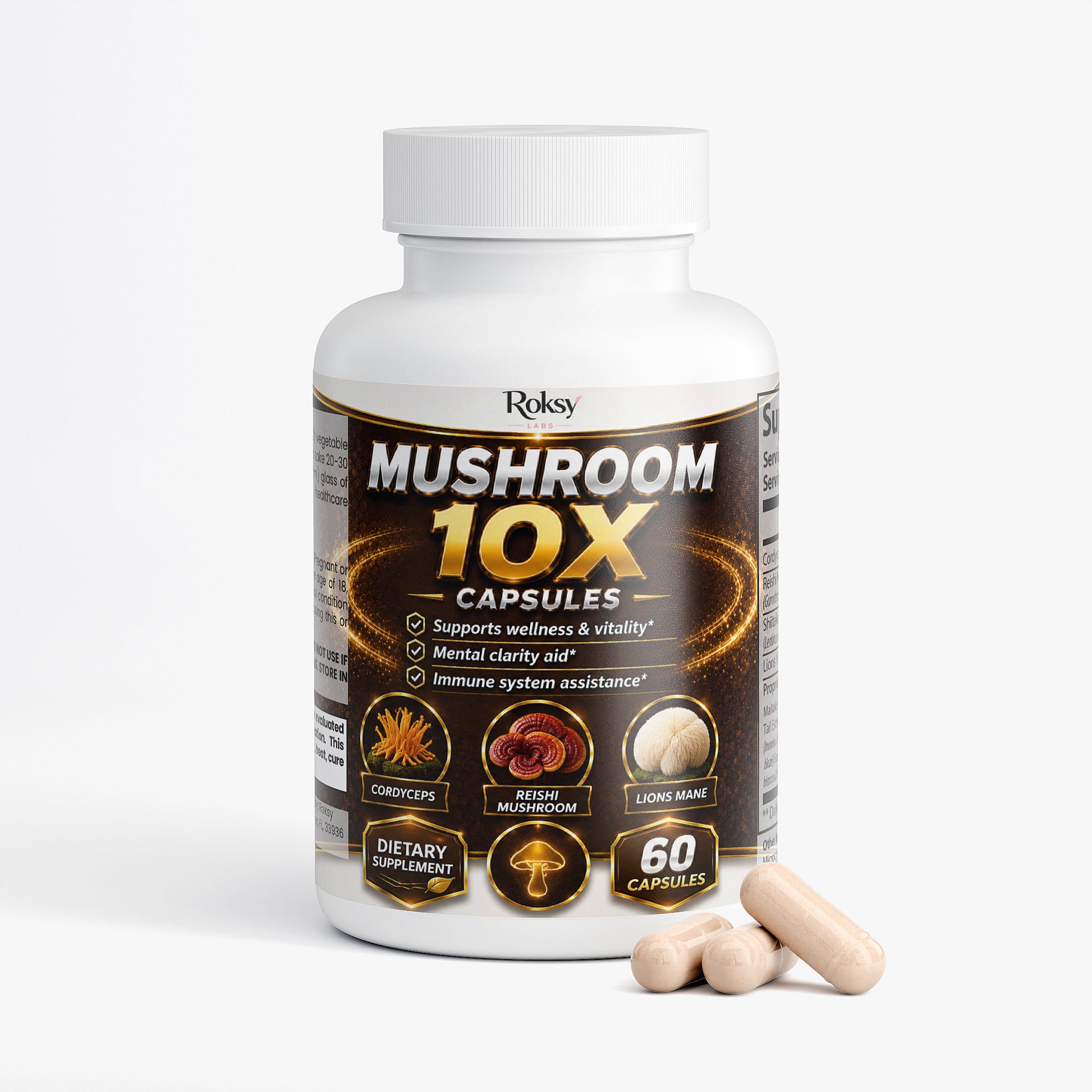 Roksy Mushroom 10X Capsules featuring lion's mane for wellness and mental clarity support