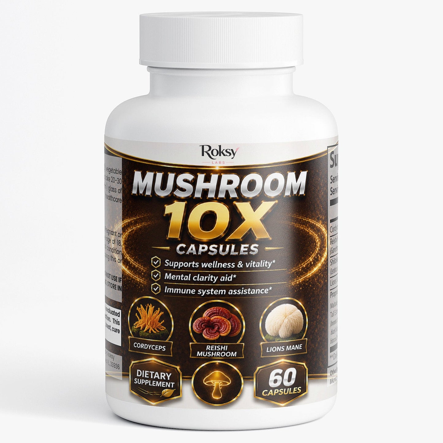 Roksy Mushroom 10X Capsules with lion's mane for wellness, mental clarity, and immune support