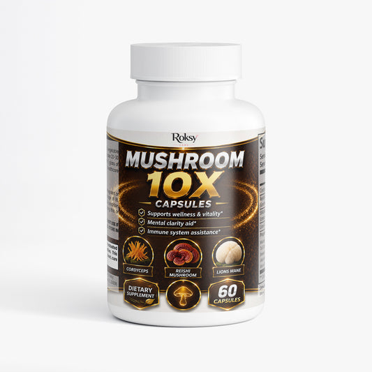 Roksy Mushroom 10X Capsules with lion's mane for wellness, mental clarity, and immune support