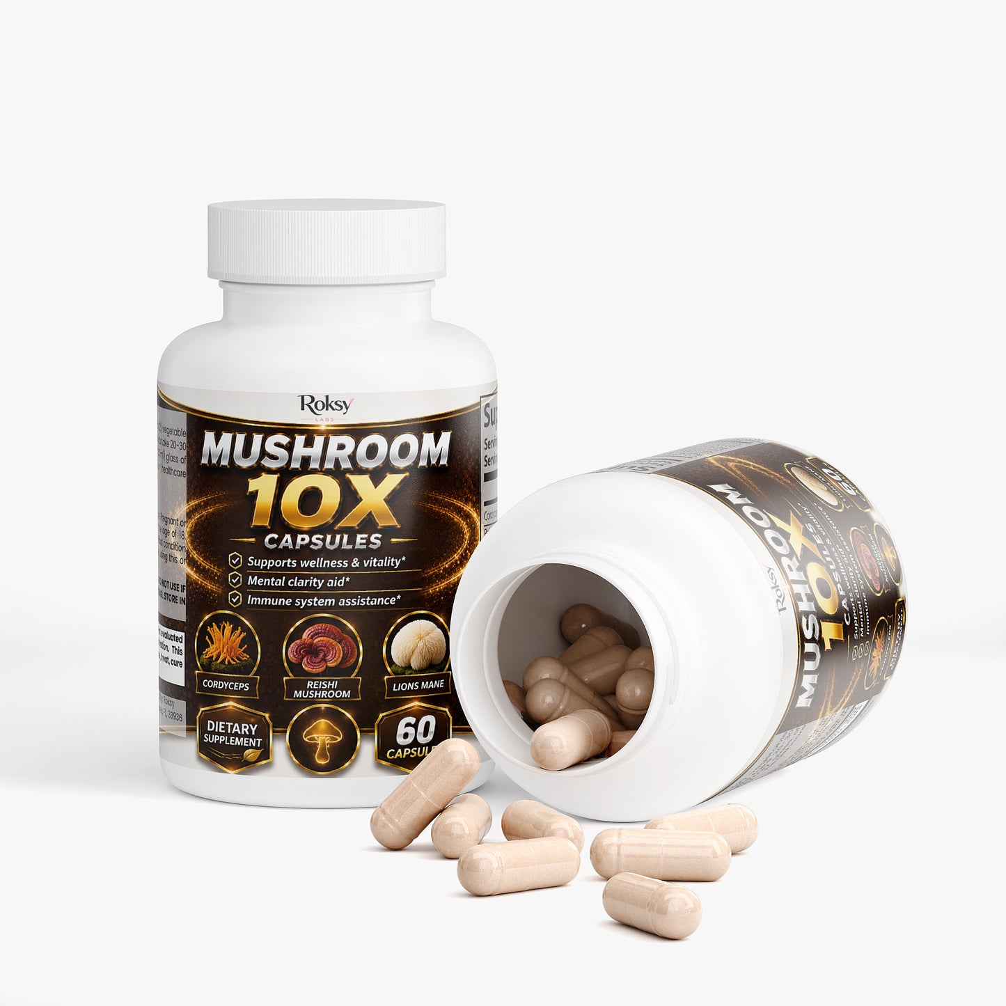 Roksy Mushroom 10X Capsules with lion's mane for wellness and vitality support