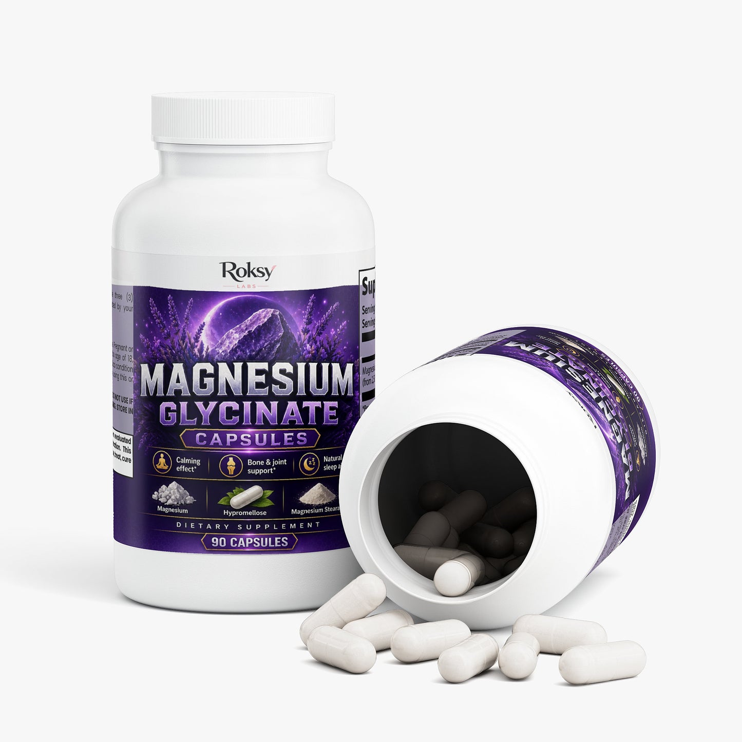 Roksy Magnesium as Glycinate Capsules in a 90-count bottle for dietary support and wellness