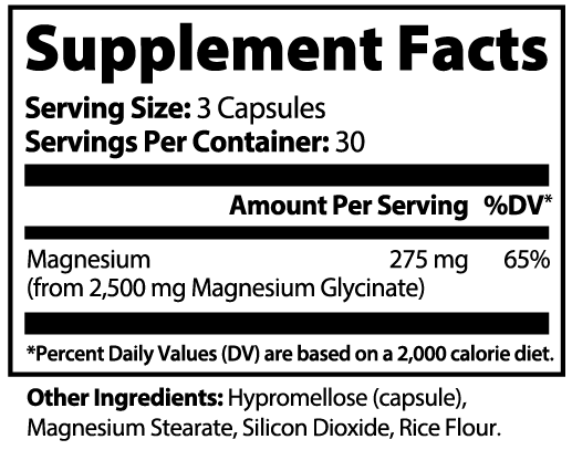 Roksy Magnesium as Glycinate Supplement Facts with 275 mg per serving for muscle health